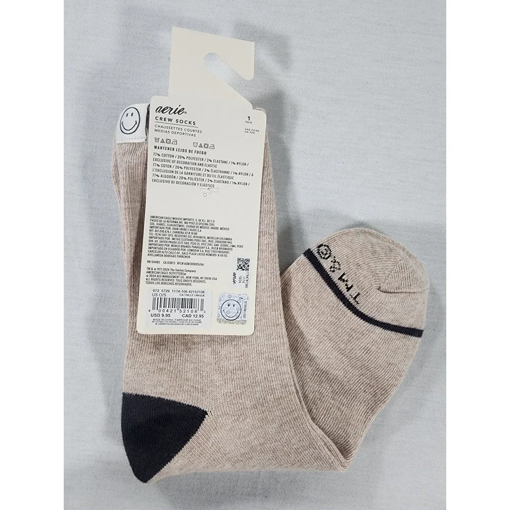 Aerie Crew Socks Women OS Smiley Face Tag Tan Beige Cotton Blend Ribbed NEW